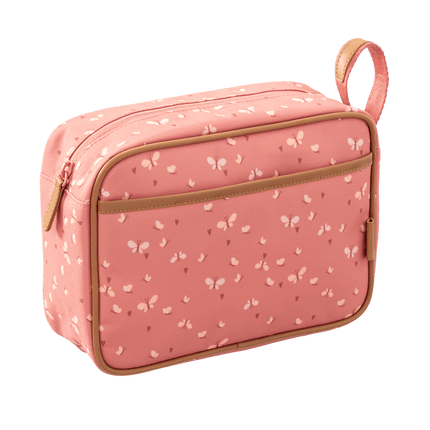 Pink toiletry bag with butterfly pattern 