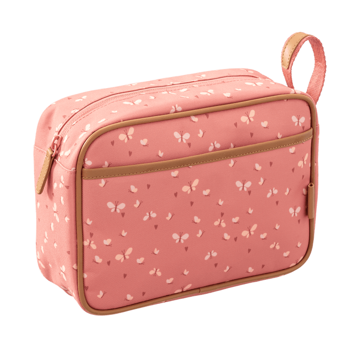 Pink toiletry bag with butterfly pattern 