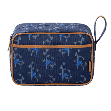 blue toiletry bag with monkey pattern and brown accent
