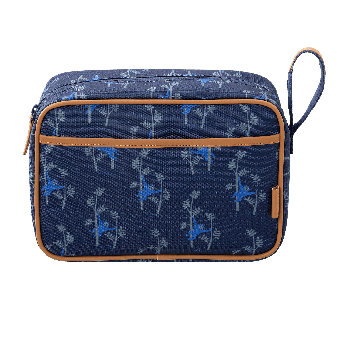blue toiletry bag with monkey pattern and brown accent