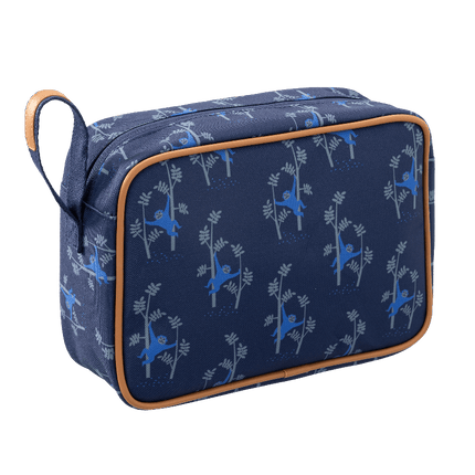 Blue toiletry bag with a pattern of blue monkey 