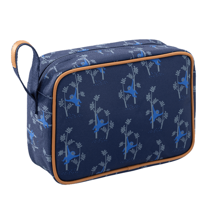 Blue toiletry bag with a pattern of blue monkey 