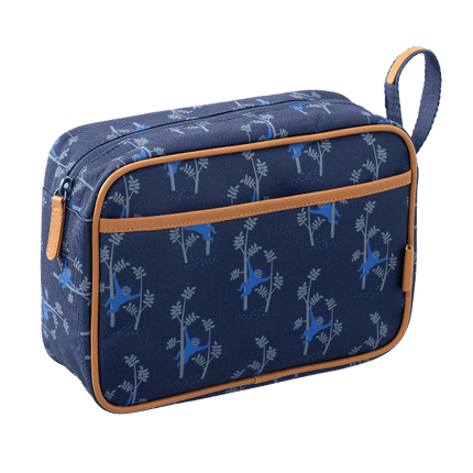 blue toiletry bag with cute monkey print