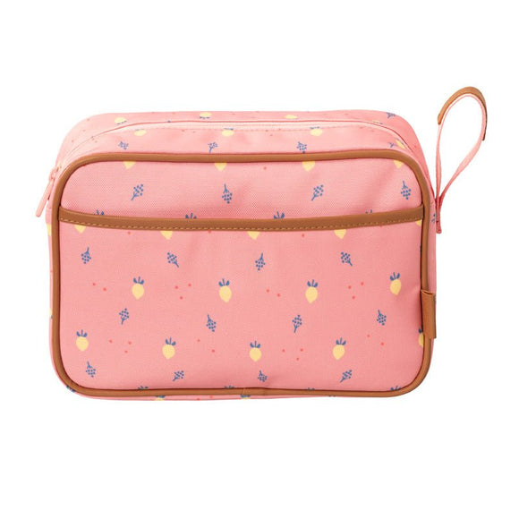 Peach toiletry bag with a summer fruit  pattern, brown trim, a side pocket, and a carrying handle.