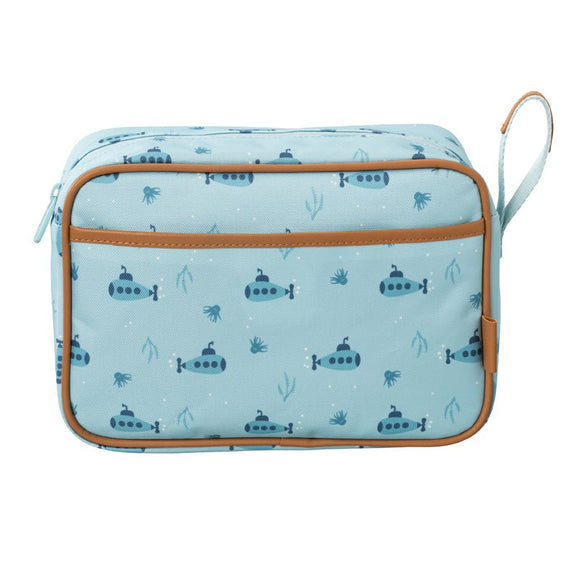 Light blue toiletry bag with a submarine  pattern, brown trim, a side pocket, and a carrying handle.
