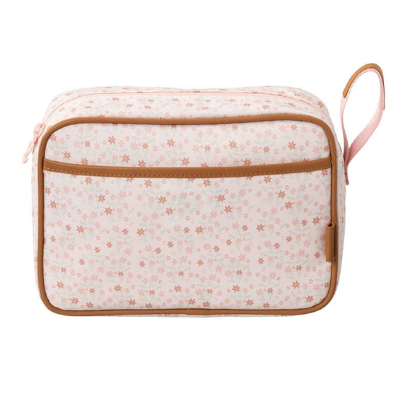 Cream toiletry bag with a pink garden flowers pattern, brown trim, a side pocket, and a carrying handle.
