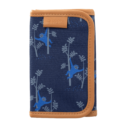 Blue wallet with monkey pattern and brown border  