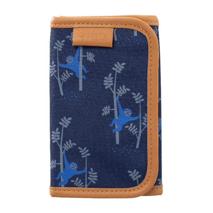 Blue wallet with monkey pattern and brown border  