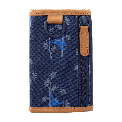 Navy blue wallet with brown accents and monkey pattern  
