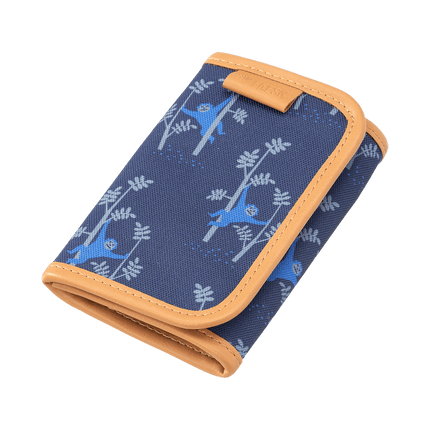 Blue wallet with brown trim featuring monkey print design 