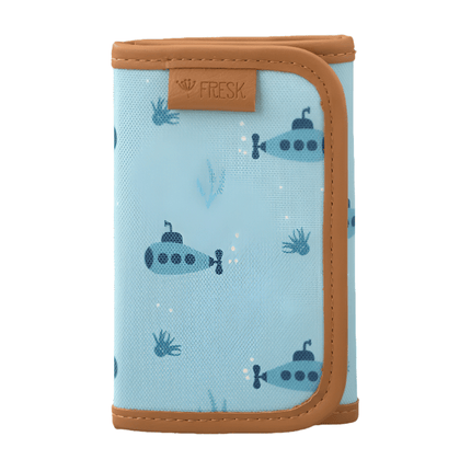 front look in vertical position of light blue color wallet billfold with a submarine pattern, and brown trim 

