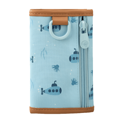 Back style of the light blue wallet in a vertical position with a submarine pattern, brown trim, a light blue D-ring, and a light blue zipper on the side.
