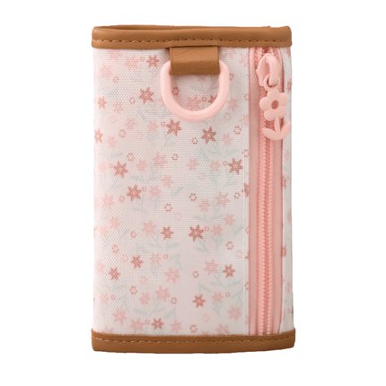 Back style of the Cream wallet in a vertical position with a tiny pink garden flowers pattern, brown trim, a pink D-ring, and a pink zipper on the side.
