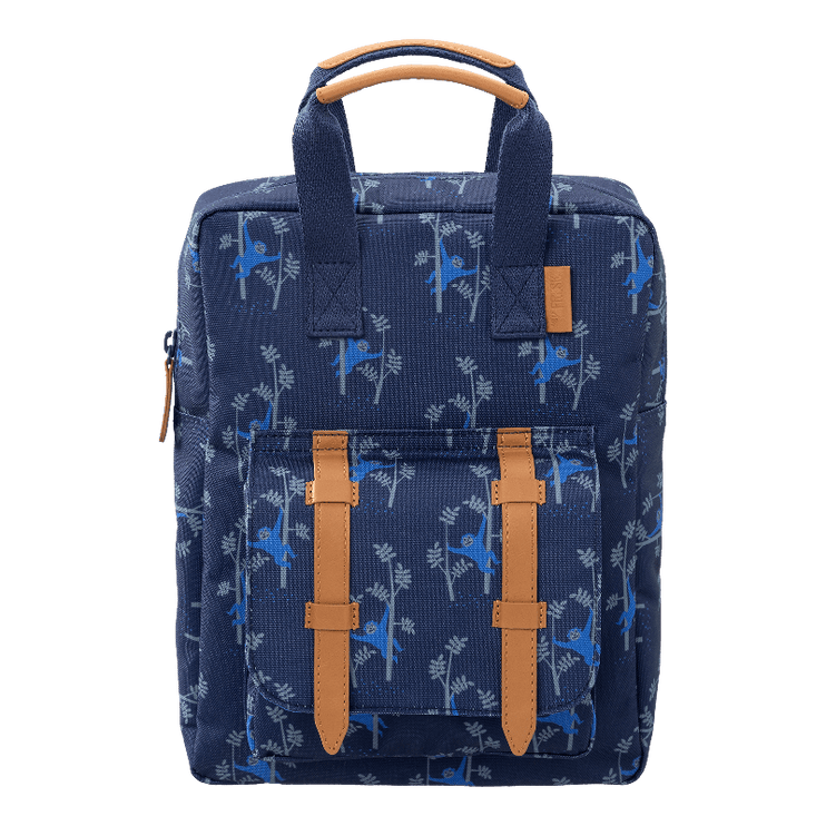 blue backpack with monkey print 