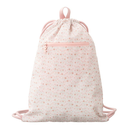 A cream drawstring swimbagwith a small front zipper pocket and a garden flowers print patter