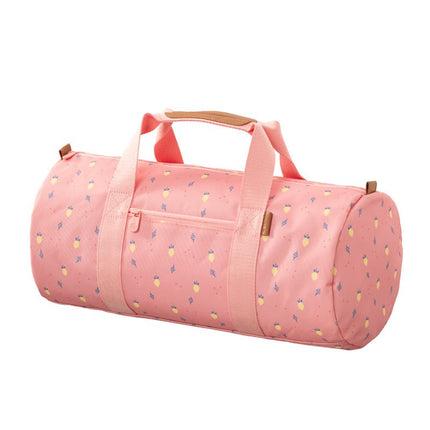 A small, cylindrical peach weekend bag with a playful summer fruit pattern featuring tiny yellow pineapples and blue leaves. The bag has dual pink handles with a padded grip, a front zippered pocket, and brown strap attachments on the sides.