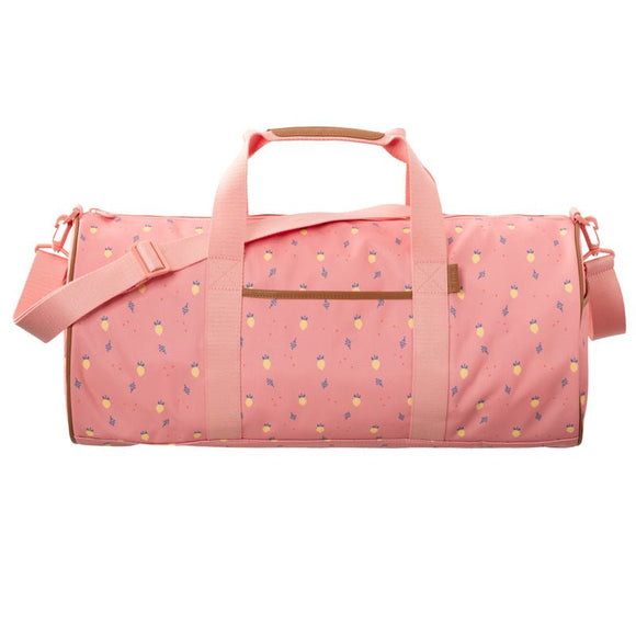A large pink duffel bag with a summer fruit pattern, featuring dual handles, an adjustable shoulder strap, and a front zipper pocket.