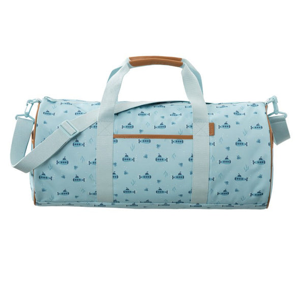 A large light blue green duffel bag with a submarine pattern, featuring dual handles, an adjustable shoulder strap, and a front zipper pocket.