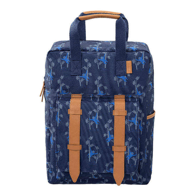 blue bacpack with monkey print 
