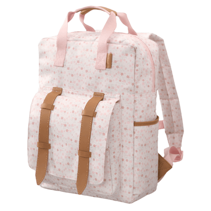 side view of the large backpack in garden flowers print