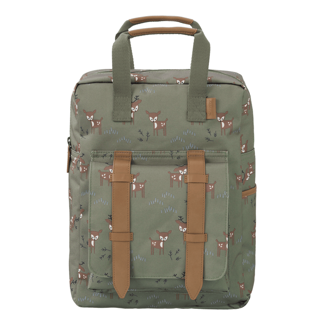 Olive green backpack with a deer print, featuring leather straps and multiple compartments.
