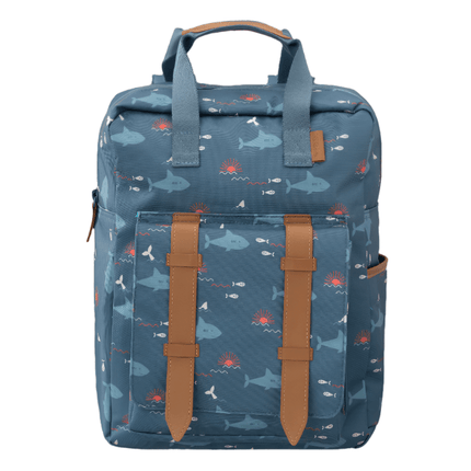 Large backpack with shark print patterns