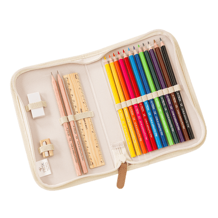 Set of colored pencils, ruler, and eraser in a beige pencil case