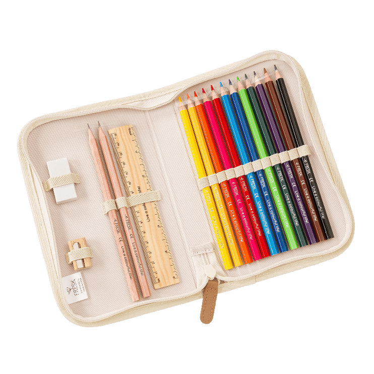 Set of colored pencils, ruler, and eraser in a beige pencil case