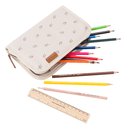 zippered pencil case with berries print and colored pencils