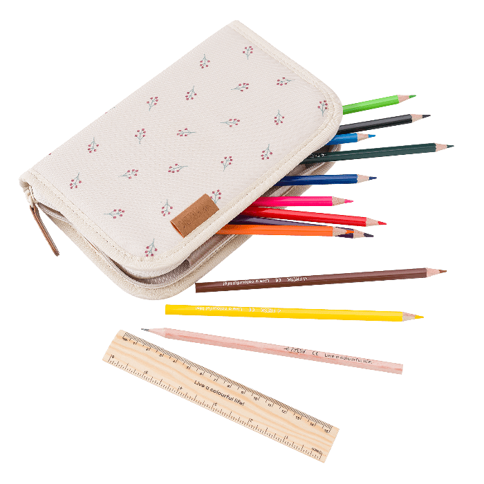 zippered pencil case with berries print and colored pencils