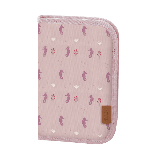 pink zippered pencil case with cute pastel color seahorse print 