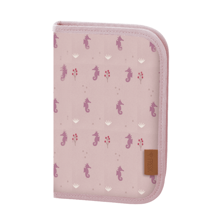 pink zippered pencil case with cute pastel color seahorse print 