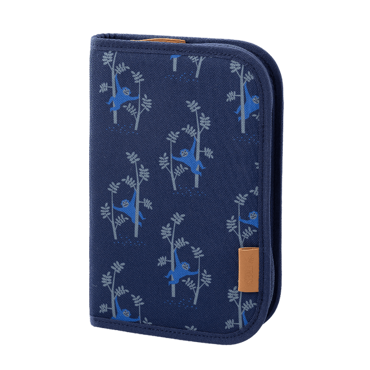 blue monkey print pencil case with coloring pencils 