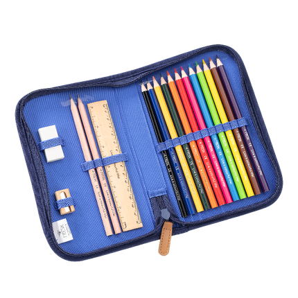 Blue pencil case with colored pencils