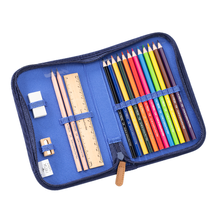 Blue pencil case with colored pencils