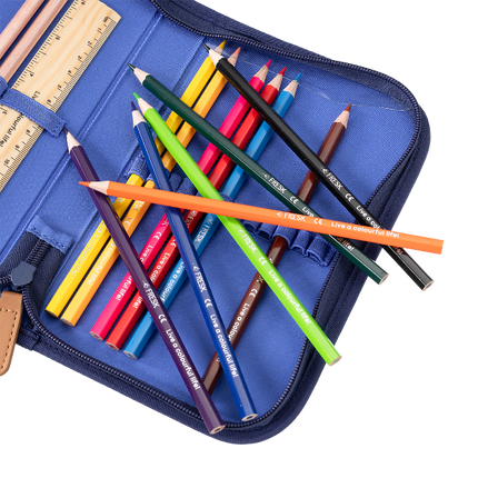 colored pencils in a blue pencil case with monkey print