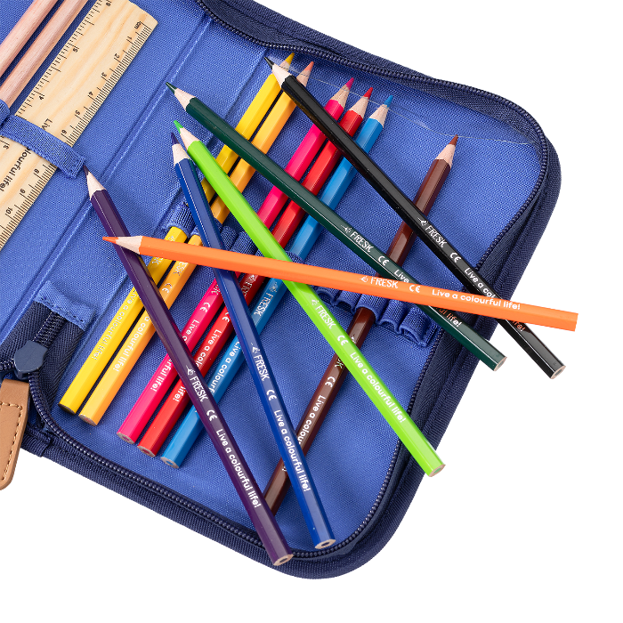 colored pencils in a blue pencil case with monkey print