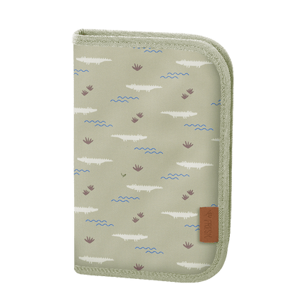 green zippered pencil case with colored pencil set