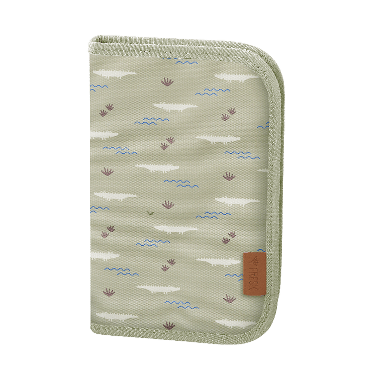 green zippered pencil case with colored pencil set