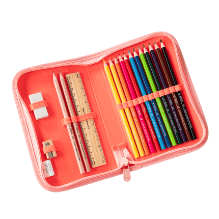 Pink pencil case with colorful pencils, a ruler, and an eraser 