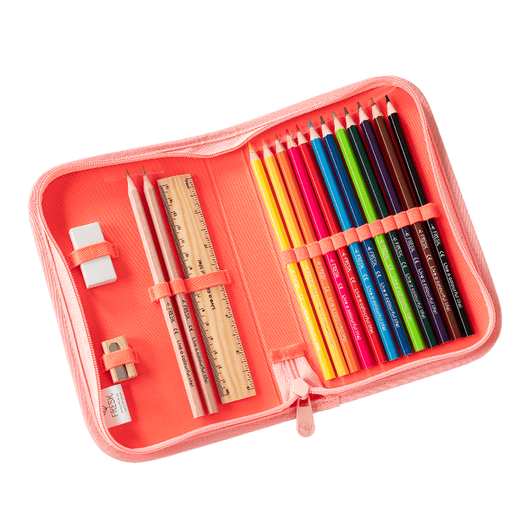 Pink pencil case with colorful pencils, a ruler, and an eraser 