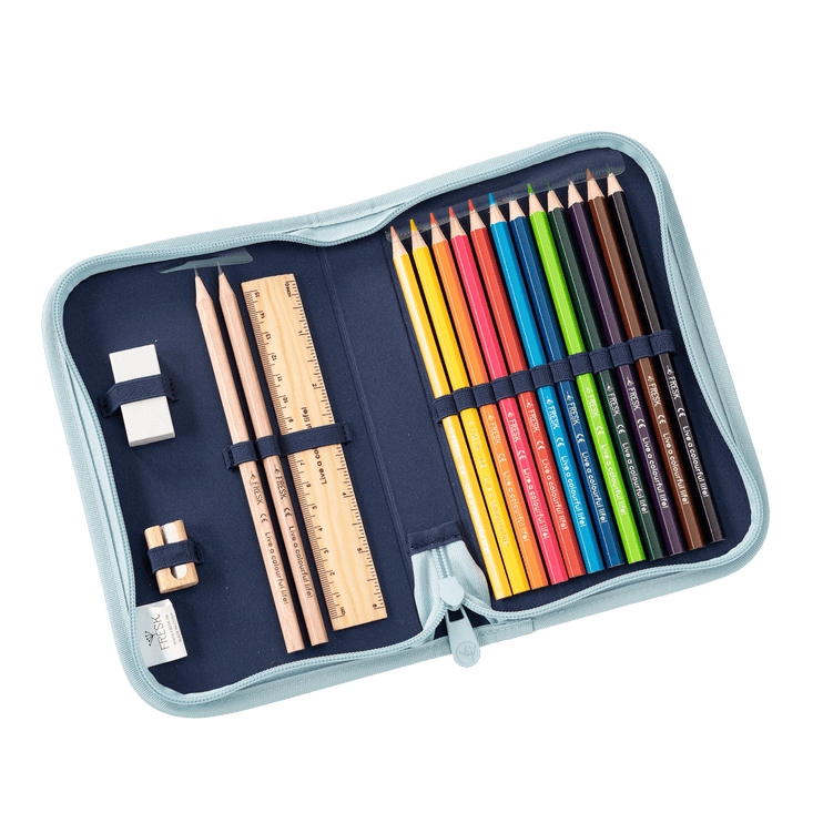 Pencil case with colored pencils, ruler, and other stationery items 