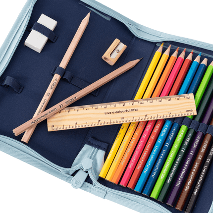 Colorful pencils and stationery items 