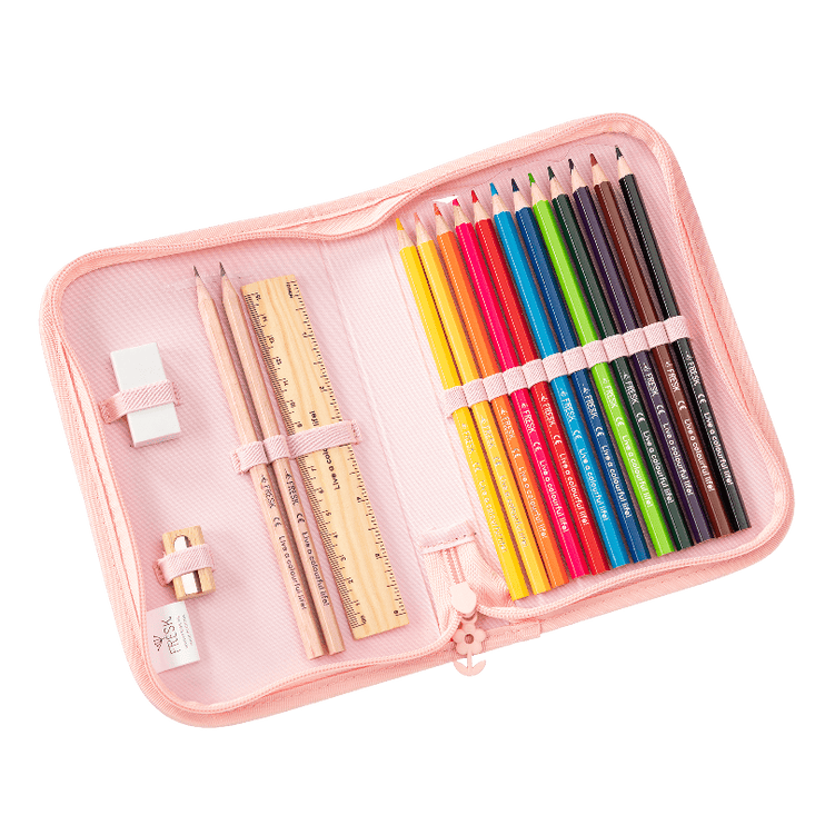 Pink pencil case with colorful pencils, a ruler, eraser, and sharpener 