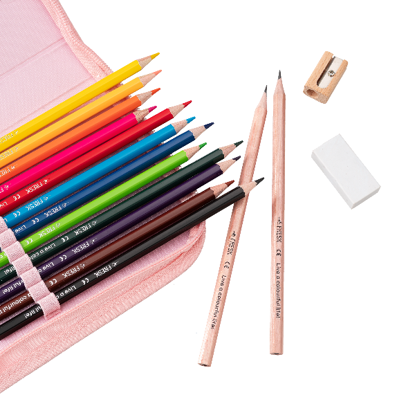 Colorful pencils with a pink case, sharpener, and eraser 