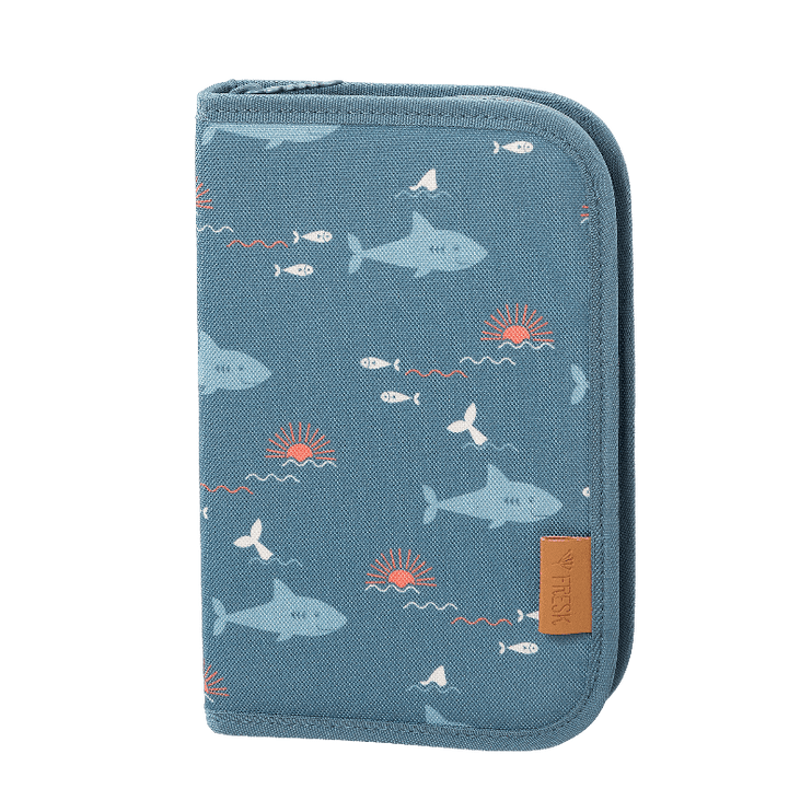 Blue pencil case with shark print pattern 