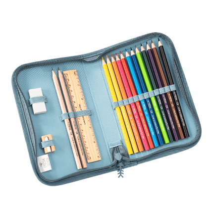 Pencil case with colored pencils, ruler, and other stationery items 