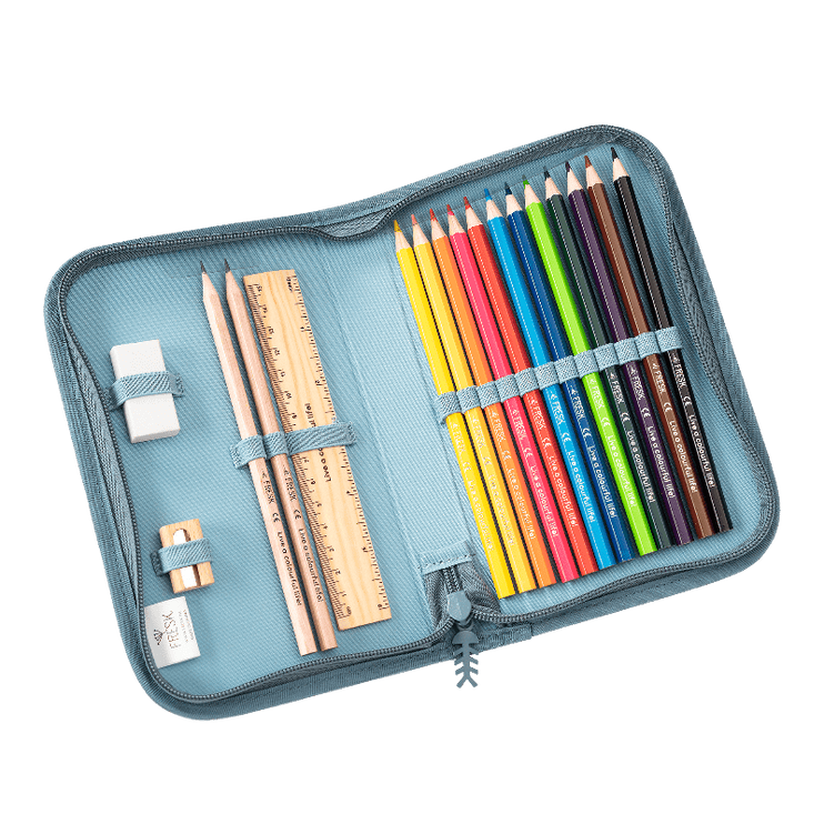 Pencil case with colored pencils, ruler, and other stationery items 