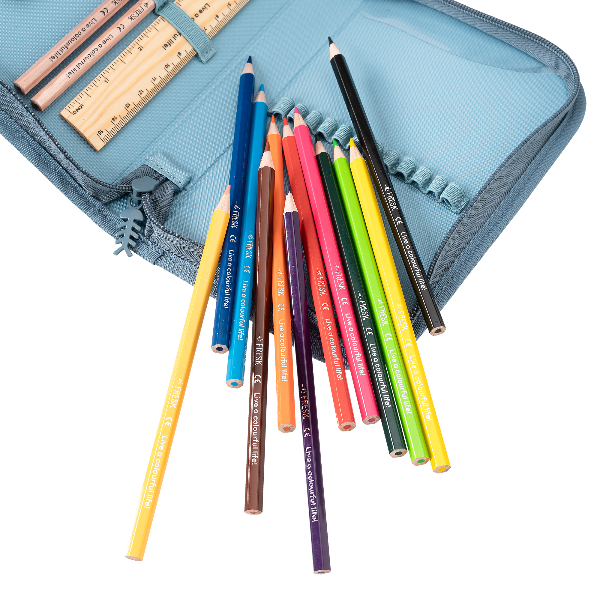 Colorful pencils and a ruler on a blue pencil case for boys 