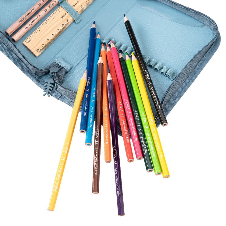 Colorful pencils and a ruler on a blue pencil case 